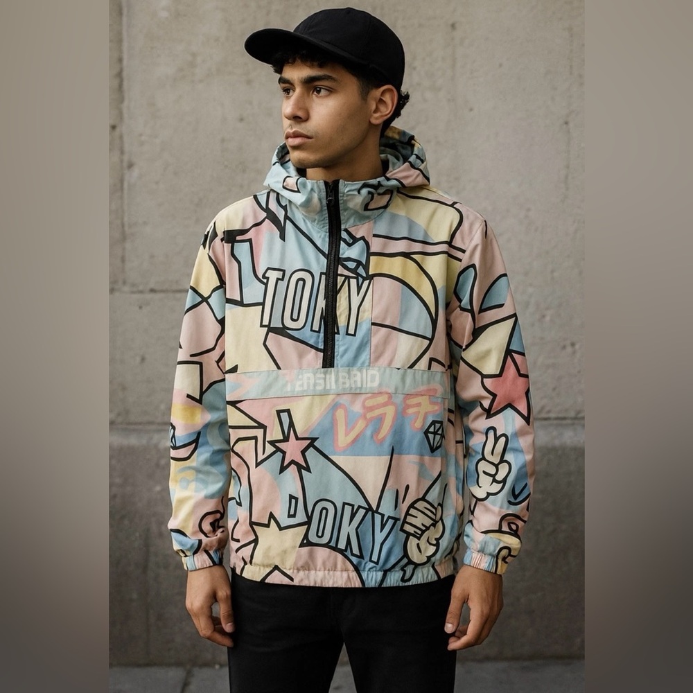 REASON POP ART NEO WORLD Hooded 1/2 Zip Anorak Windbreaker Jacket Size Medium